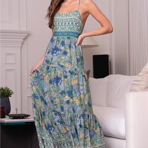 Lulus True delights, floral multi blue/green, tiered maxi dress